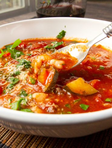 minestrone soup in a white bowl